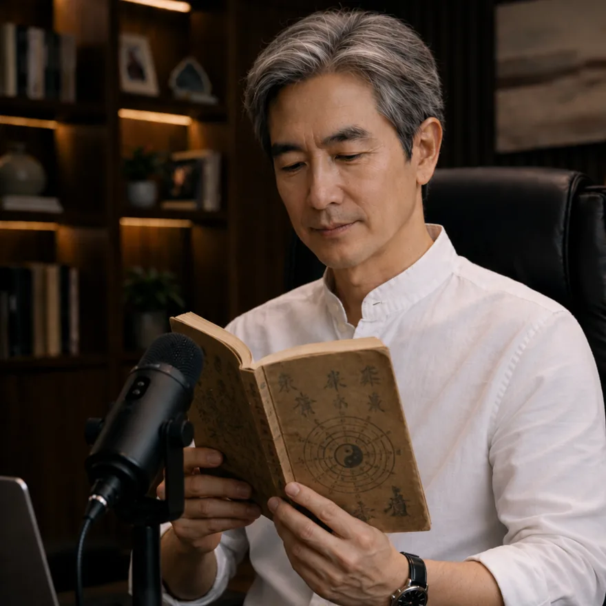 Master Fu menelaah kitab BaZi klasik di meja kerja modern dengan laptop