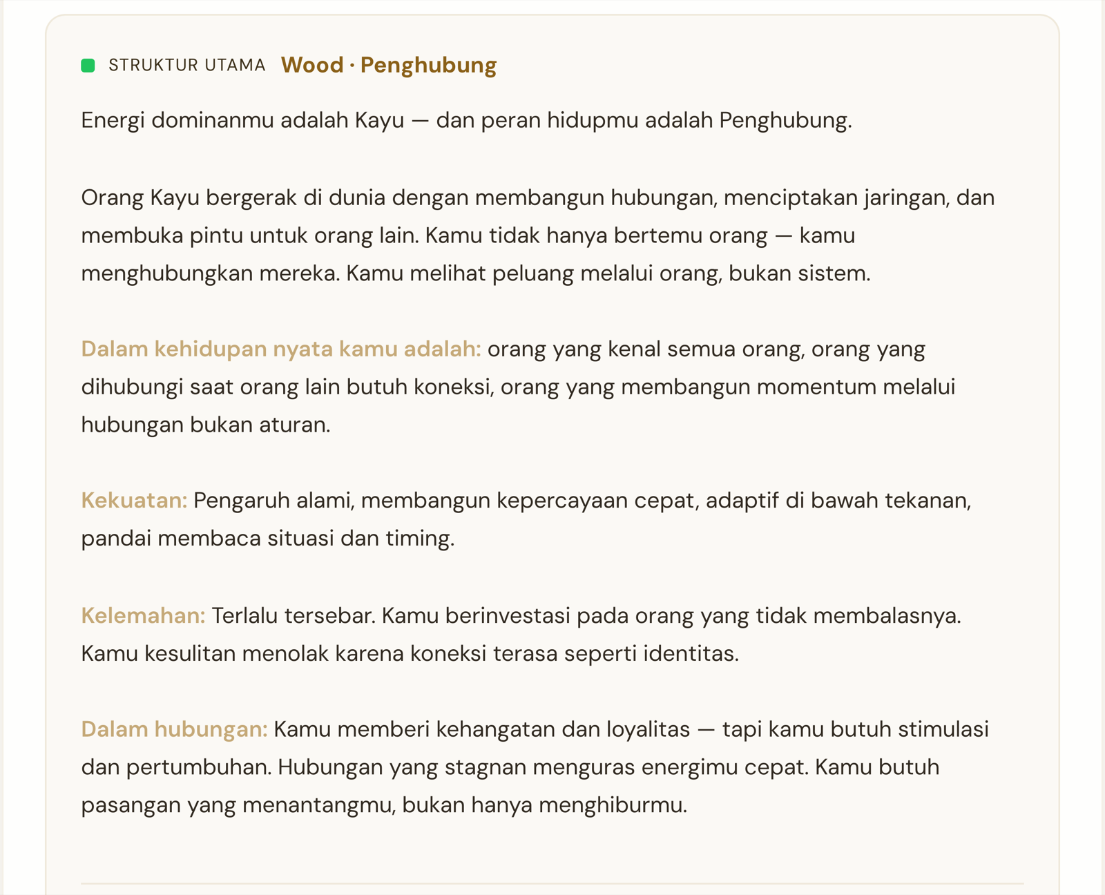 Kartu struktur utama yang menjelaskan energi dominan, kekuatan, kelemahan, dan pola hubungan dalam bahasa Indonesia